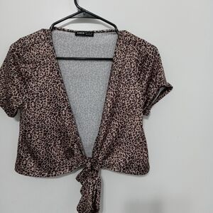 Shein leopard print Y2K  open front short sleeve Blouse Ties at waist